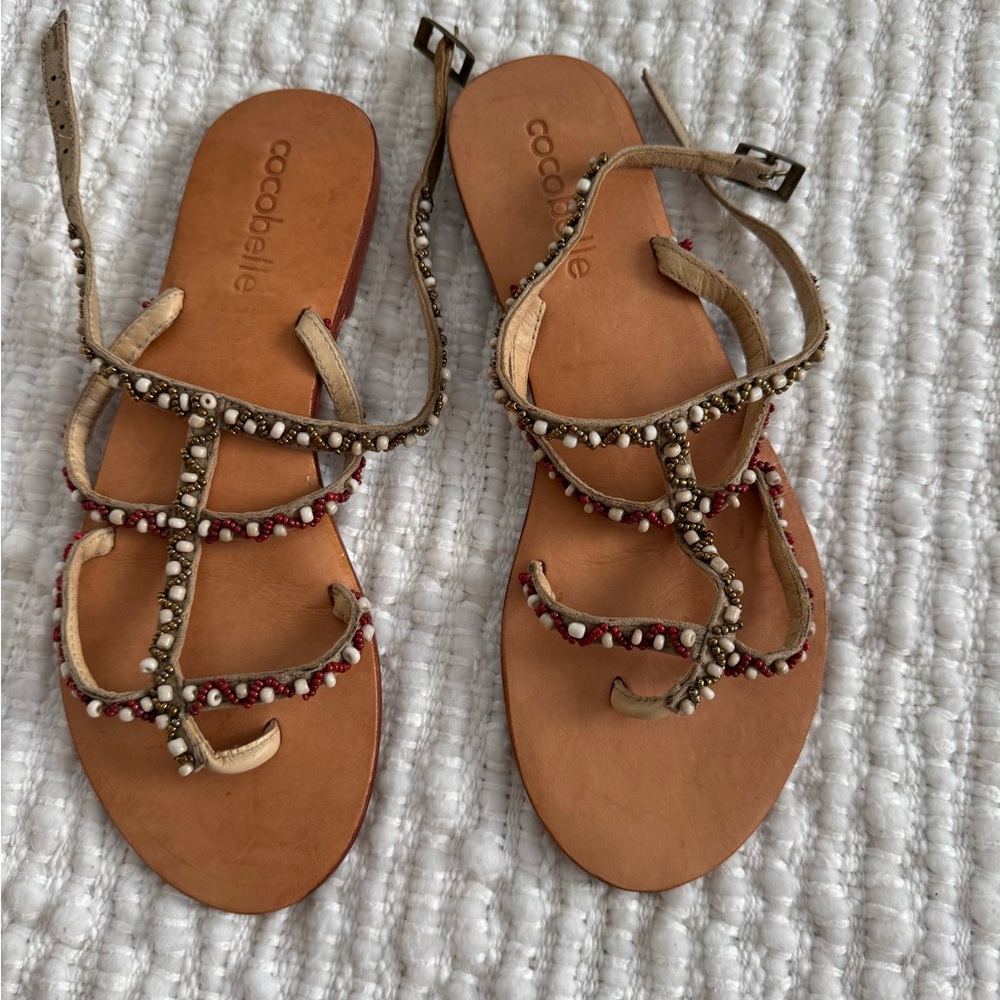 Women's Beaded Sandals - Tan and Red